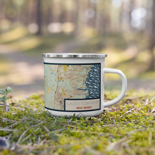 Right View Custom Lacey Township New Jersey Map Enamel Mug in Woodblock on Grass With Trees in Background
