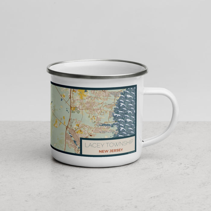 Right View Custom Lacey Township New Jersey Map Enamel Mug in Woodblock