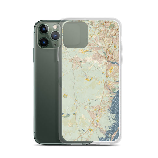 Custom Lacey Township New Jersey Map Phone Case in Woodblock on Table with Laptop and Plant