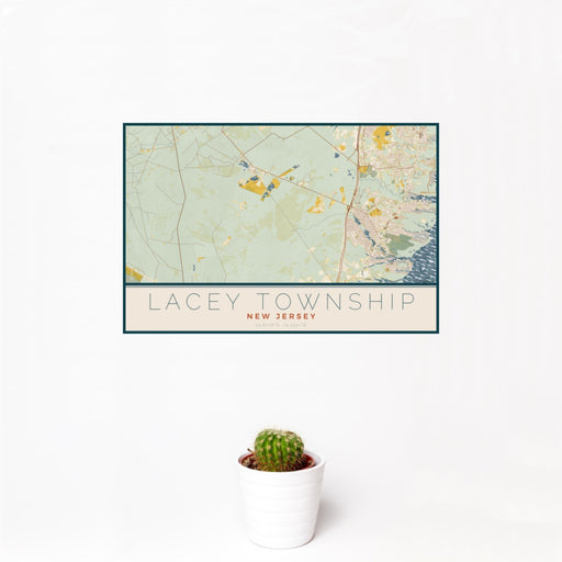 12x18 Lacey Township New Jersey Map Print Landscape Orientation in Woodblock Style With Small Cactus Plant in White Planter