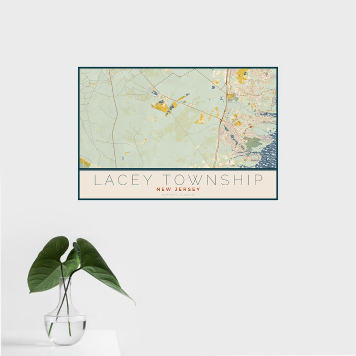 16x24 Lacey Township New Jersey Map Print Landscape Orientation in Woodblock Style With Tropical Plant Leaves in Water