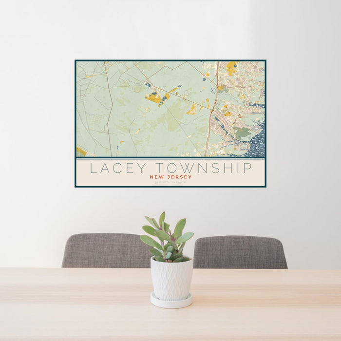 24x36 Lacey Township New Jersey Map Print Landscape Orientation in Woodblock Style Behind 2 Chairs Table and Potted Plant