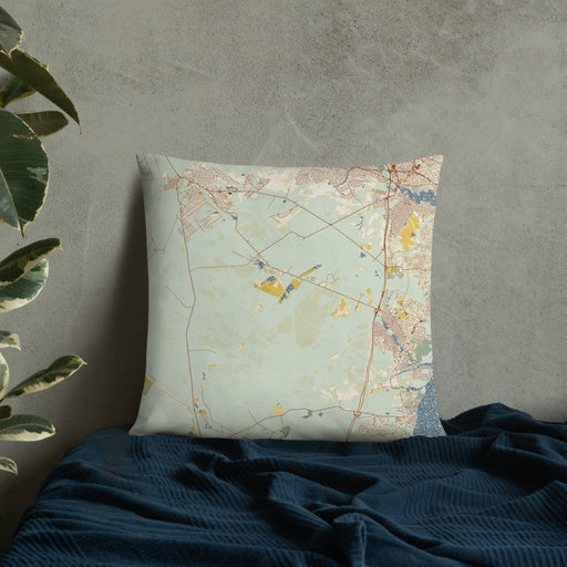 Custom Lacey Township New Jersey Map Throw Pillow in Woodblock on Bedding Against Wall