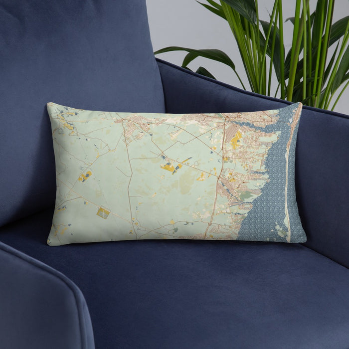 Custom Lacey Township New Jersey Map Throw Pillow in Woodblock on Blue Colored Chair