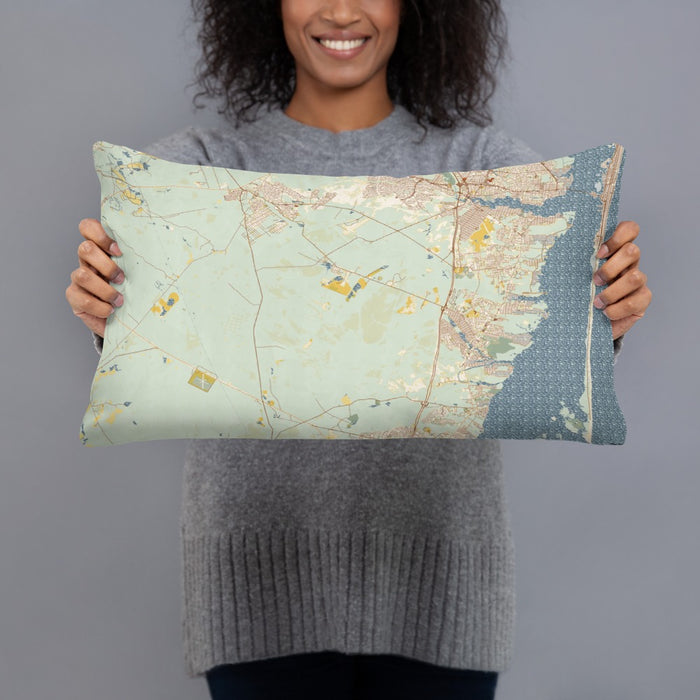 Person holding 20x12 Custom Lacey Township New Jersey Map Throw Pillow in Woodblock