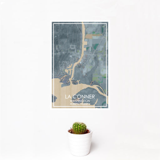 12x18 La Conner Washington Map Print Portrait Orientation in Afternoon Style With Small Cactus Plant in White Planter
