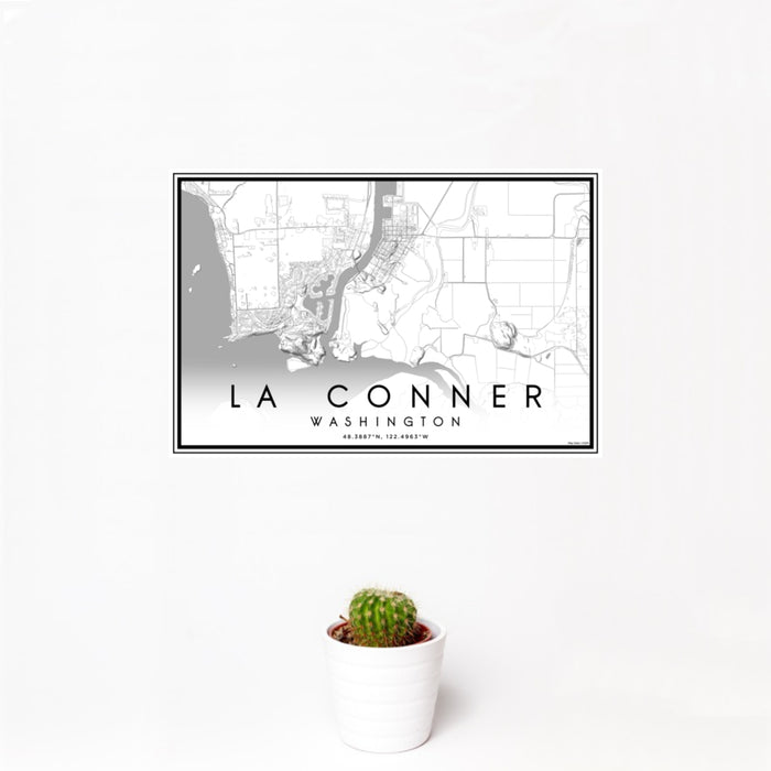 12x18 La Conner Washington Map Print Landscape Orientation in Classic Style With Small Cactus Plant in White Planter
