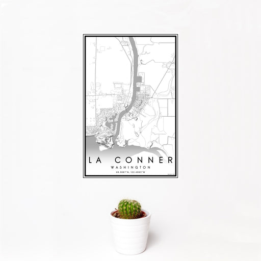 12x18 La Conner Washington Map Print Portrait Orientation in Classic Style With Small Cactus Plant in White Planter