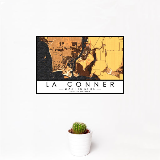 12x18 La Conner Washington Map Print Landscape Orientation in Ember Style With Small Cactus Plant in White Planter