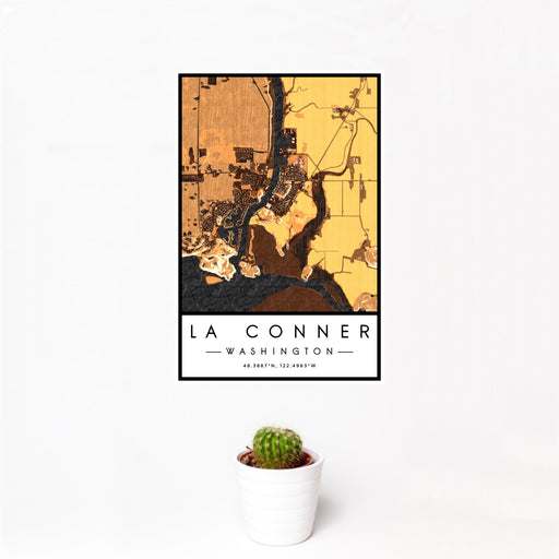 12x18 La Conner Washington Map Print Portrait Orientation in Ember Style With Small Cactus Plant in White Planter