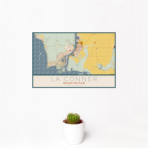 12x18 La Conner Washington Map Print Landscape Orientation in Woodblock Style With Small Cactus Plant in White Planter