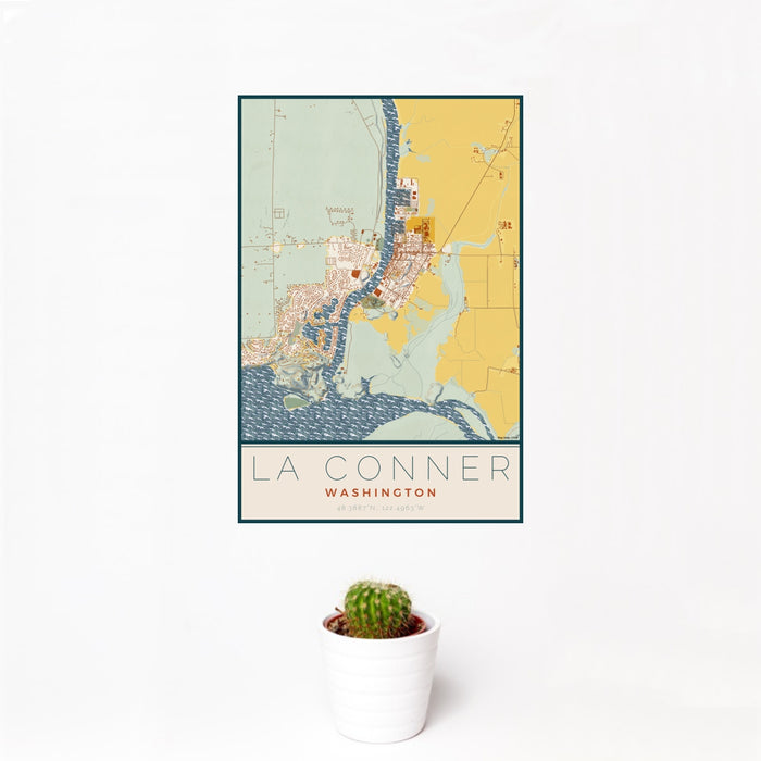 12x18 La Conner Washington Map Print Portrait Orientation in Woodblock Style With Small Cactus Plant in White Planter