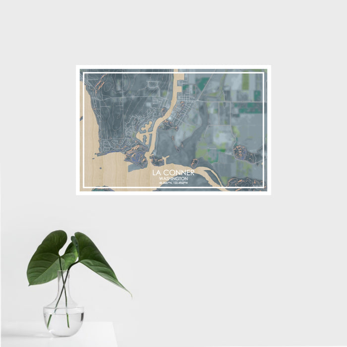 16x24 La Conner Washington Map Print Landscape Orientation in Afternoon Style With Tropical Plant Leaves in Water