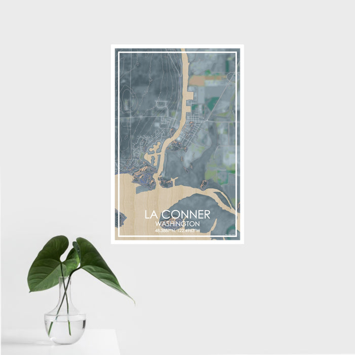 16x24 La Conner Washington Map Print Portrait Orientation in Afternoon Style With Tropical Plant Leaves in Water