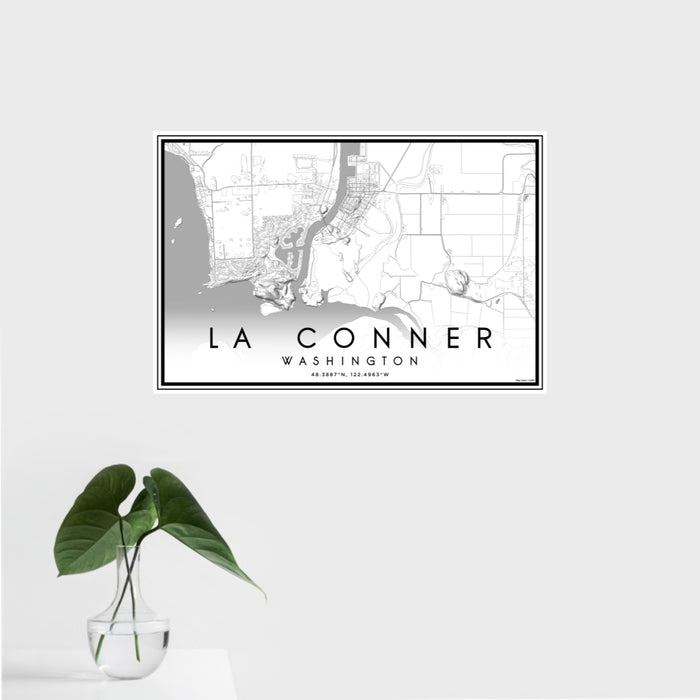 16x24 La Conner Washington Map Print Landscape Orientation in Classic Style With Tropical Plant Leaves in Water