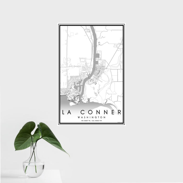 16x24 La Conner Washington Map Print Portrait Orientation in Classic Style With Tropical Plant Leaves in Water