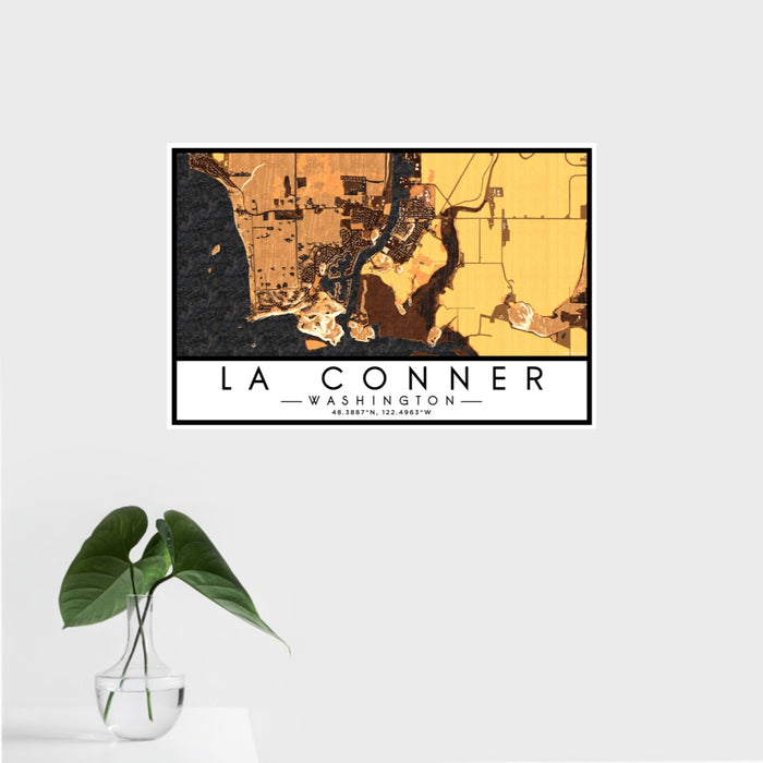 16x24 La Conner Washington Map Print Landscape Orientation in Ember Style With Tropical Plant Leaves in Water