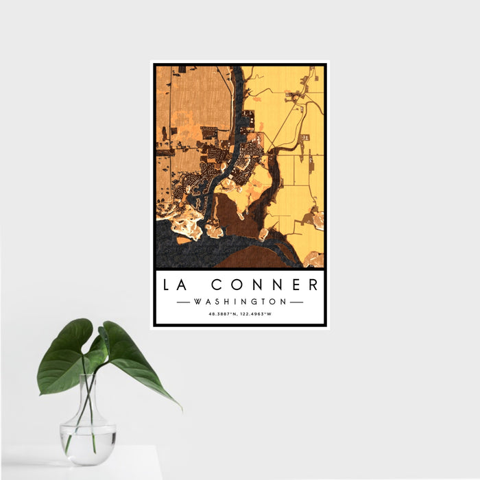 16x24 La Conner Washington Map Print Portrait Orientation in Ember Style With Tropical Plant Leaves in Water