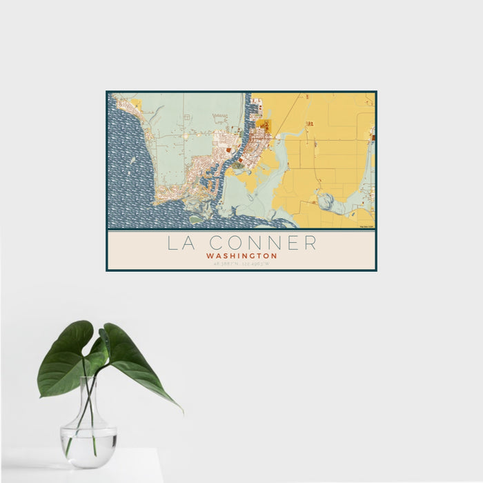 16x24 La Conner Washington Map Print Landscape Orientation in Woodblock Style With Tropical Plant Leaves in Water