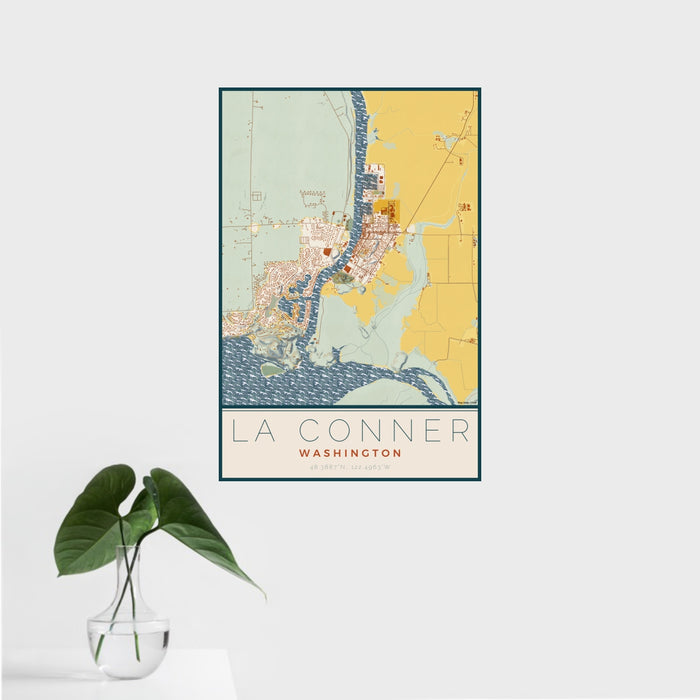16x24 La Conner Washington Map Print Portrait Orientation in Woodblock Style With Tropical Plant Leaves in Water