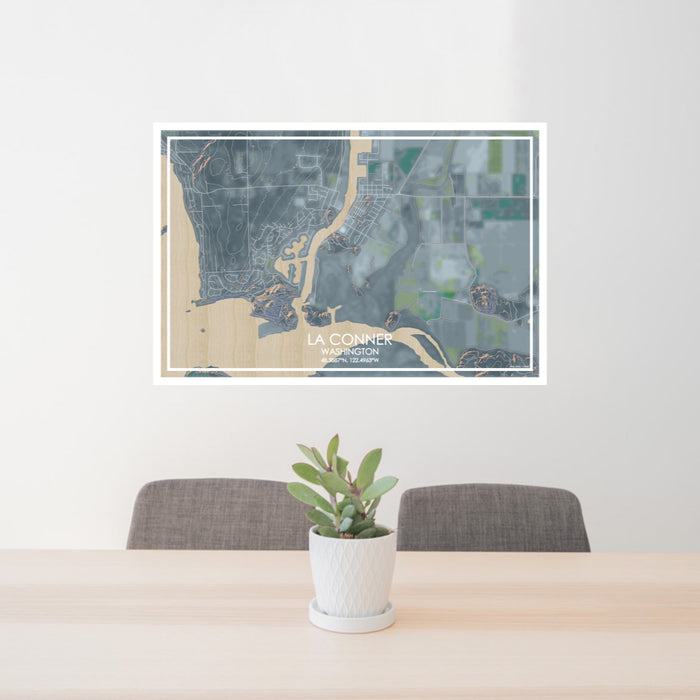 24x36 La Conner Washington Map Print Lanscape Orientation in Afternoon Style Behind 2 Chairs Table and Potted Plant