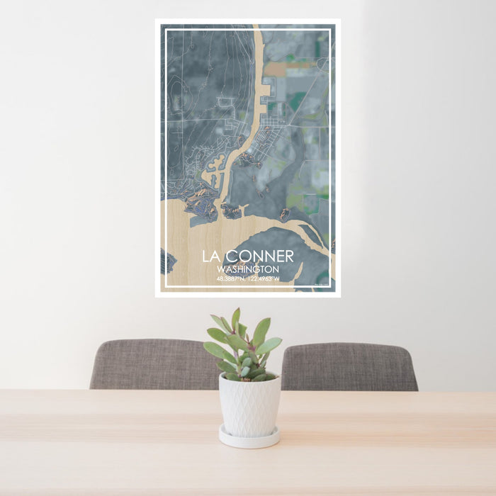 24x36 La Conner Washington Map Print Portrait Orientation in Afternoon Style Behind 2 Chairs Table and Potted Plant