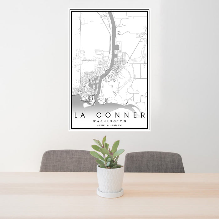 24x36 La Conner Washington Map Print Portrait Orientation in Classic Style Behind 2 Chairs Table and Potted Plant