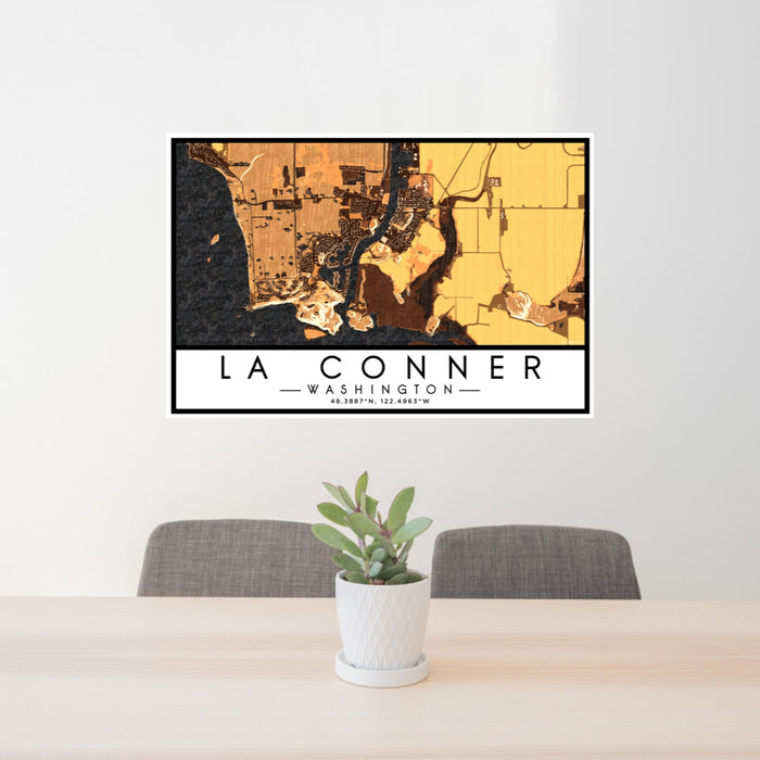 24x36 La Conner Washington Map Print Lanscape Orientation in Ember Style Behind 2 Chairs Table and Potted Plant