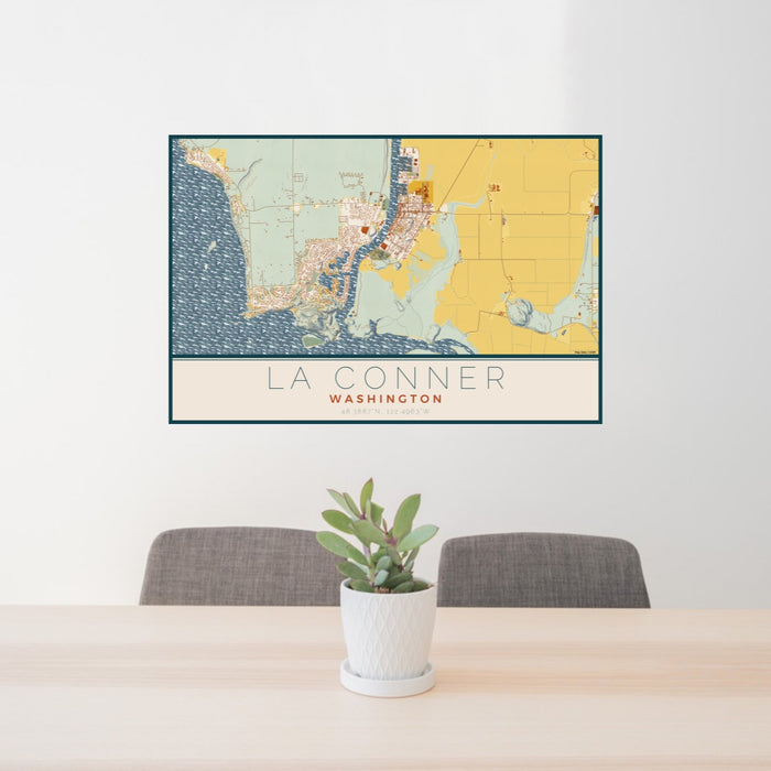 24x36 La Conner Washington Map Print Lanscape Orientation in Woodblock Style Behind 2 Chairs Table and Potted Plant