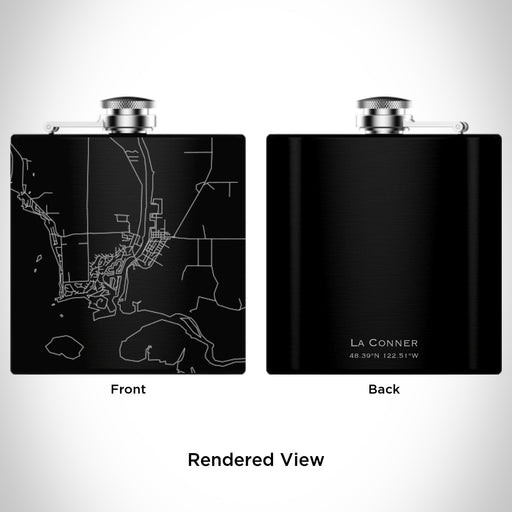 Rendered View of La Conner Washington Map Engraving on 6oz Stainless Steel Flask in Black