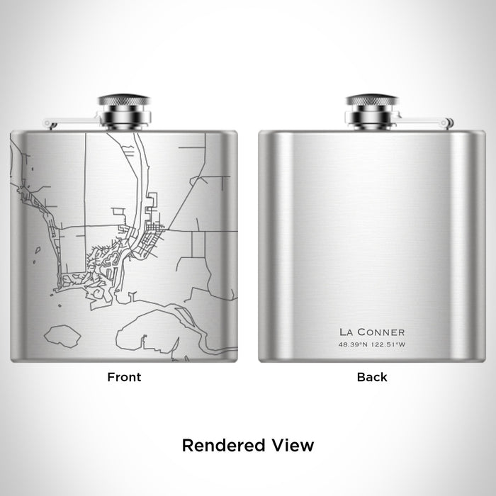Rendered View of La Conner Washington Map Engraving on 6oz Stainless Steel Flask