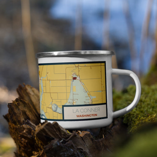 Right View Custom La Conner Washington Map Enamel Mug in Woodblock on Grass With Trees in Background