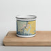 Front View Custom La Conner Washington Map Enamel Mug in Woodblock on Cutting Board