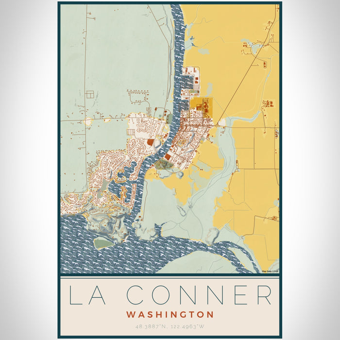 La Conner Washington Map Print Portrait Orientation in Woodblock Style With Shaded Background