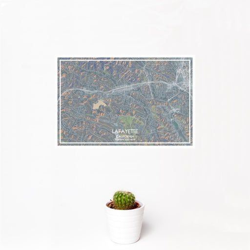 12x18 Lafayette California Map Print Landscape Orientation in Afternoon Style With Small Cactus Plant in White Planter