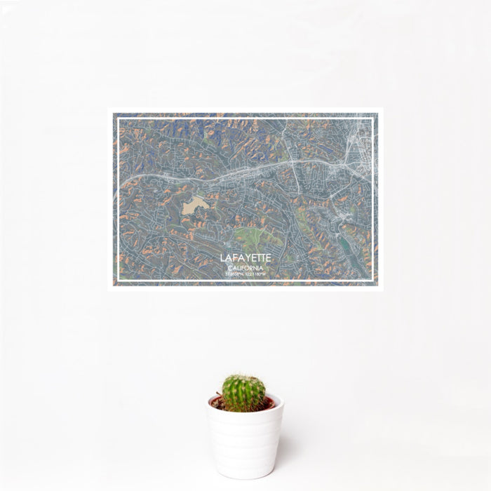 12x18 Lafayette California Map Print Landscape Orientation in Afternoon Style With Small Cactus Plant in White Planter