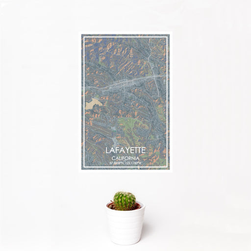 12x18 Lafayette California Map Print Portrait Orientation in Afternoon Style With Small Cactus Plant in White Planter
