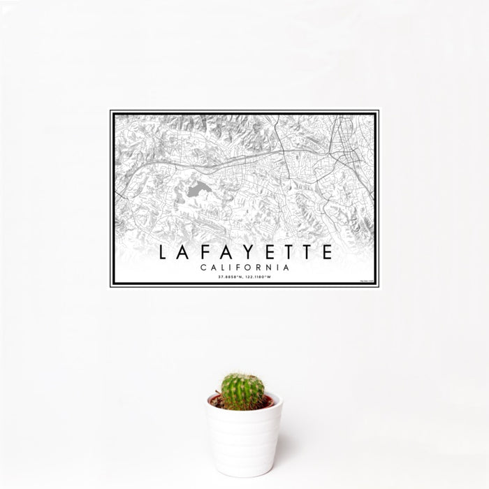 12x18 Lafayette California Map Print Landscape Orientation in Classic Style With Small Cactus Plant in White Planter