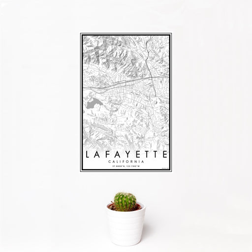 12x18 Lafayette California Map Print Portrait Orientation in Classic Style With Small Cactus Plant in White Planter