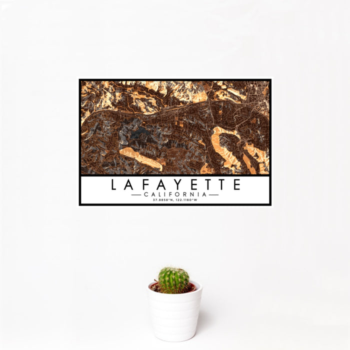 12x18 Lafayette California Map Print Landscape Orientation in Ember Style With Small Cactus Plant in White Planter
