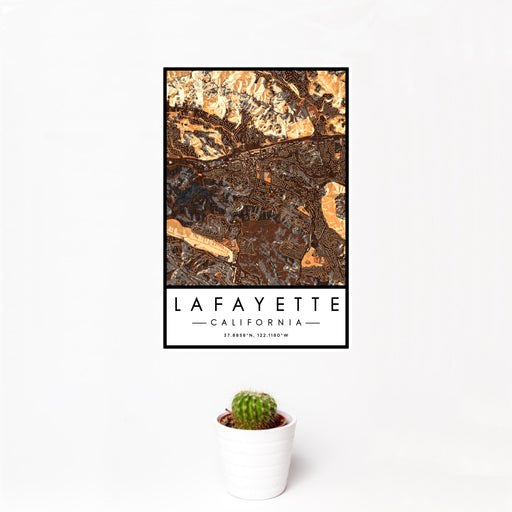 12x18 Lafayette California Map Print Portrait Orientation in Ember Style With Small Cactus Plant in White Planter