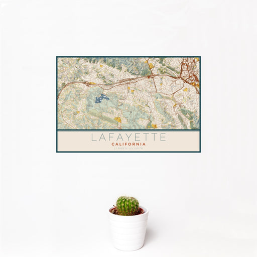 12x18 Lafayette California Map Print Landscape Orientation in Woodblock Style With Small Cactus Plant in White Planter