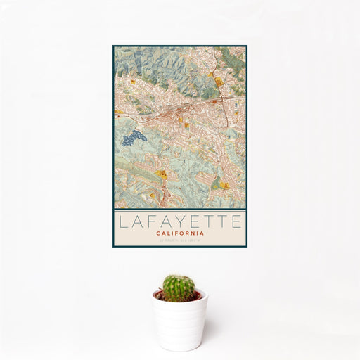 12x18 Lafayette California Map Print Portrait Orientation in Woodblock Style With Small Cactus Plant in White Planter