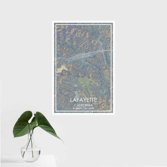 16x24 Lafayette California Map Print Portrait Orientation in Afternoon Style With Tropical Plant Leaves in Water