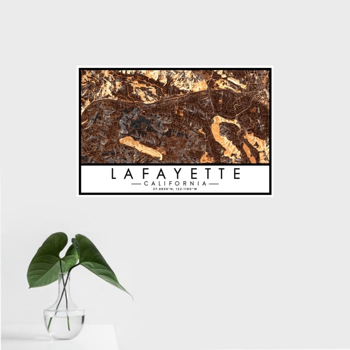 16x24 Lafayette California Map Print Landscape Orientation in Ember Style With Tropical Plant Leaves in Water