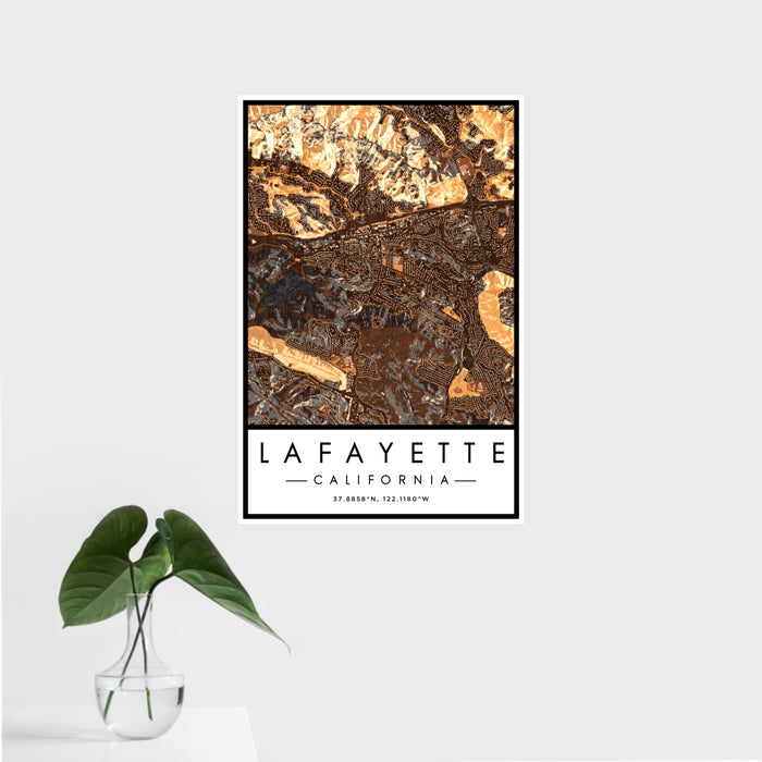 16x24 Lafayette California Map Print Portrait Orientation in Ember Style With Tropical Plant Leaves in Water
