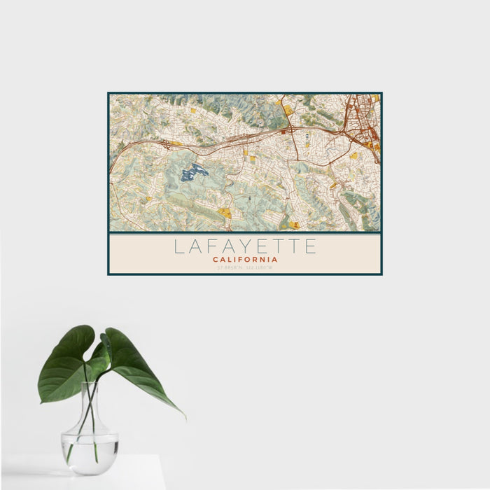 16x24 Lafayette California Map Print Landscape Orientation in Woodblock Style With Tropical Plant Leaves in Water