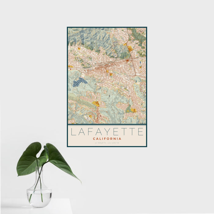 16x24 Lafayette California Map Print Portrait Orientation in Woodblock Style With Tropical Plant Leaves in Water
