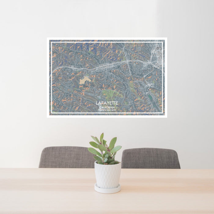 24x36 Lafayette California Map Print Lanscape Orientation in Afternoon Style Behind 2 Chairs Table and Potted Plant