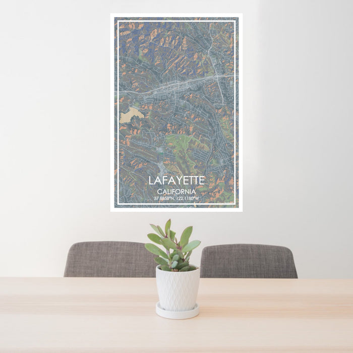 24x36 Lafayette California Map Print Portrait Orientation in Afternoon Style Behind 2 Chairs Table and Potted Plant